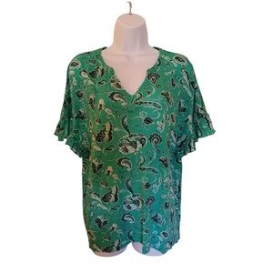 Cato Green Black Paisley Women’s Top Size 1X 14/16W V Neck